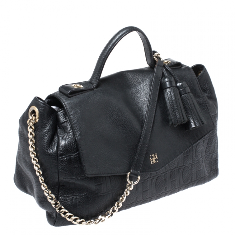 Pre Owned Carolina Herrera Black Leather Tassel Top Handle Bag