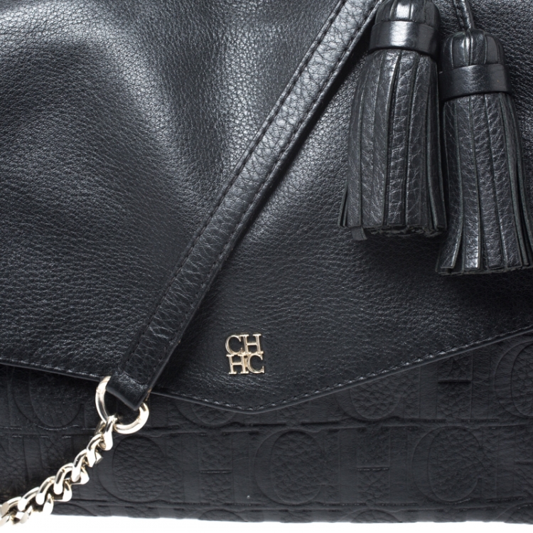 Pre Owned Carolina Herrera Black Leather Tassel Top Handle Bag