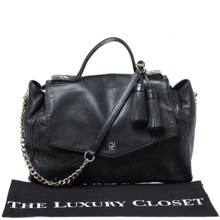 Pre Owned Carolina Herrera Black Leather Tassel Top Handle Bag