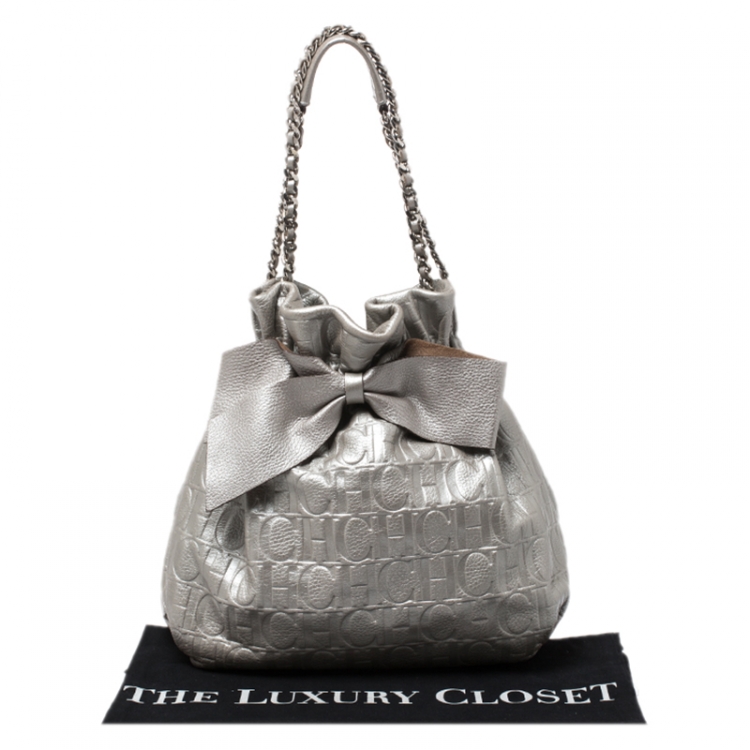 Pre Owned Carolina Herrera Metallic Silver Embossed Leather Bow Bucket Shoulder Bag