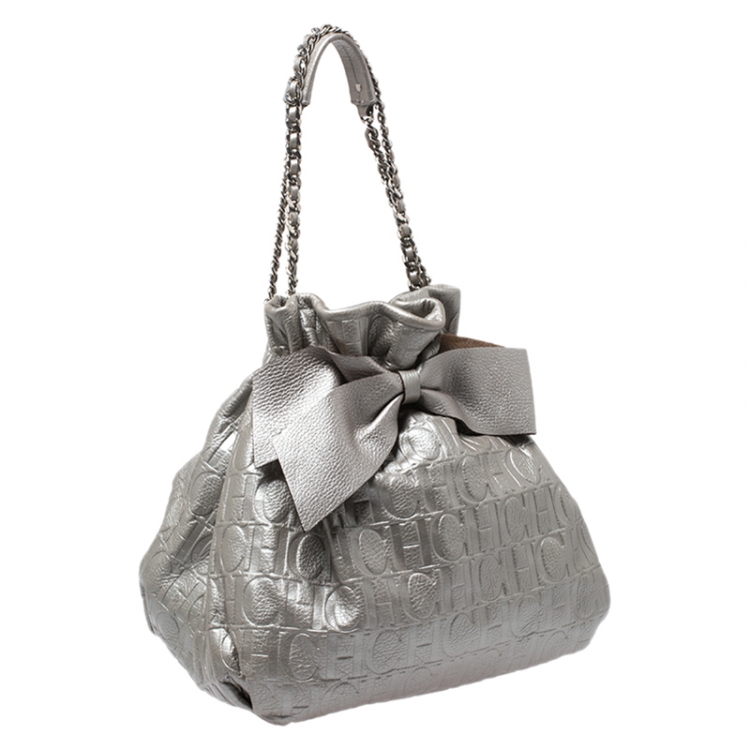 Pre Owned Carolina Herrera Metallic Silver Embossed Leather Bow Bucket Shoulder Bag