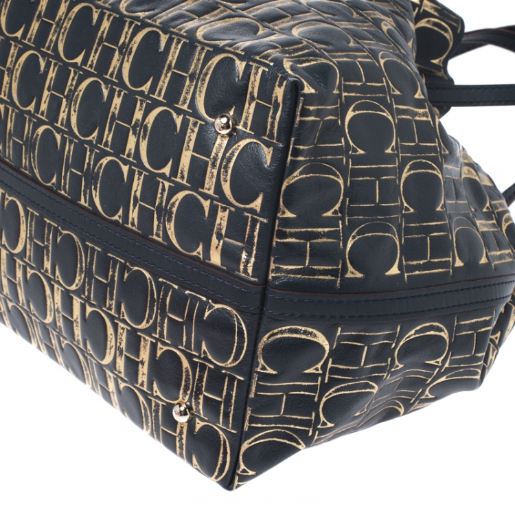 Pre Owned Carolina Herrera Midnight Blue Monogram Leather Matryoshka Tote