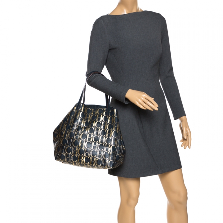 Pre Owned Carolina Herrera Midnight Blue Monogram Leather Matryoshka Tote