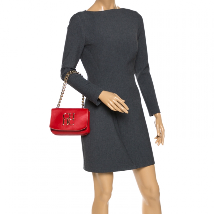 Pre Owned Carolina Herrera Red Leather Shoulder Bag 