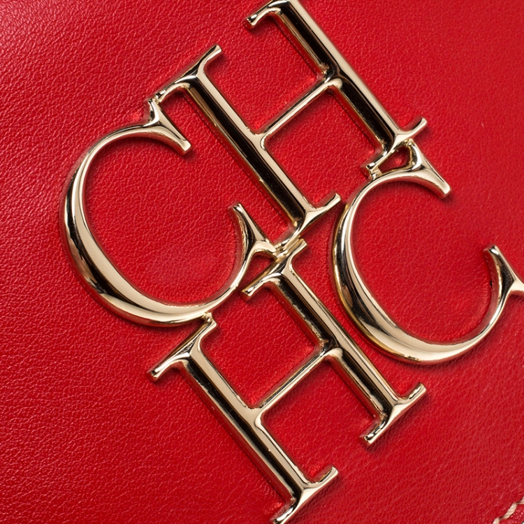 Pre Owned Carolina Herrera Red Leather Shoulder Bag 