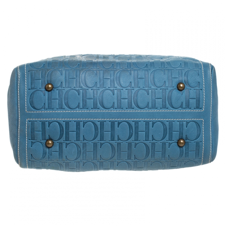 Pre Owned Carolina Herrera Light Blue Monogram Leather Large Andy Boston Bag
