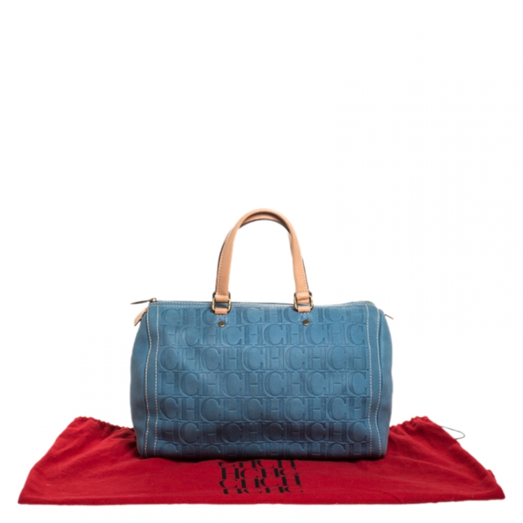 Pre Owned Carolina Herrera Light Blue Monogram Leather Large Andy Boston Bag