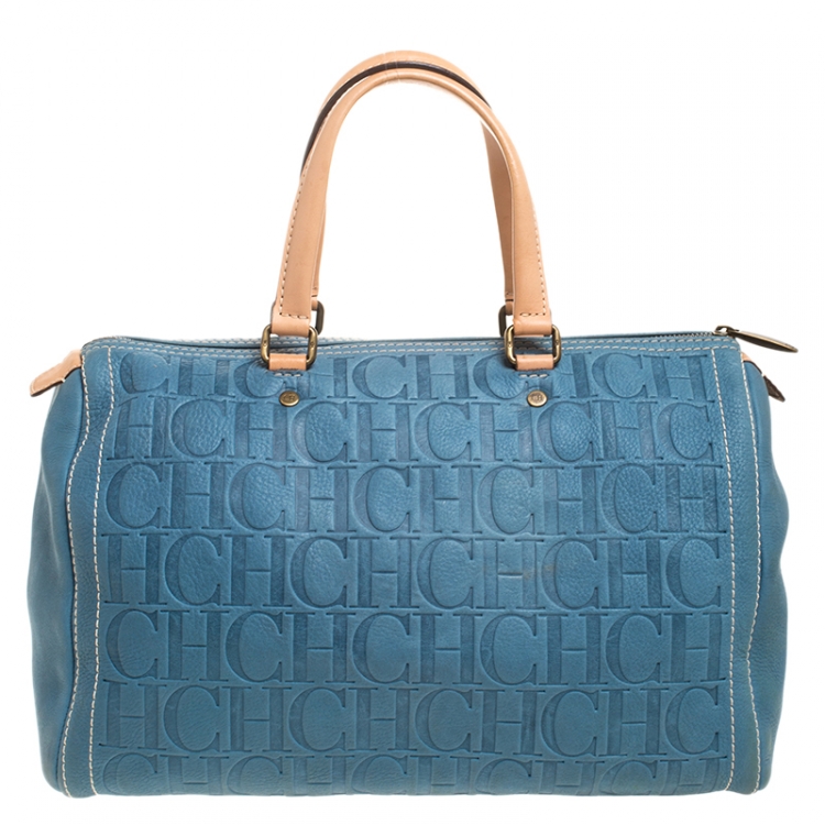 Pre Owned Carolina Herrera Light Blue Monogram Leather Large Andy Boston Bag
