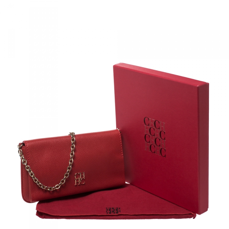 Pre Owned Carolina Herrera Red Leather Chain Flap Shoulder Bag