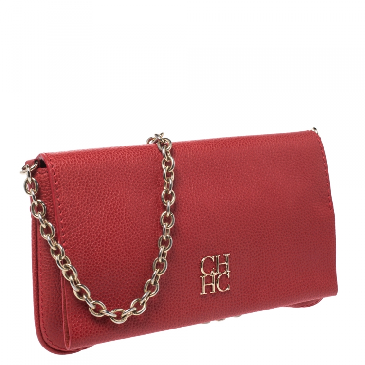 Pre Owned Carolina Herrera Red Leather Chain Flap Shoulder Bag