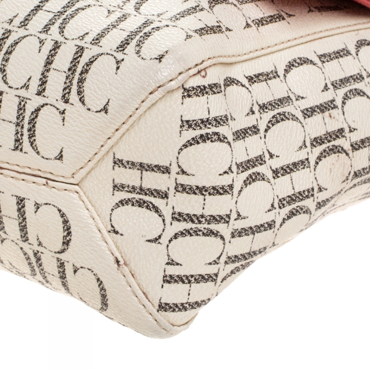 Pre Owned Carolina Herrera Beige/Red Monogram Coated Canvas Flap Crossbody Bag