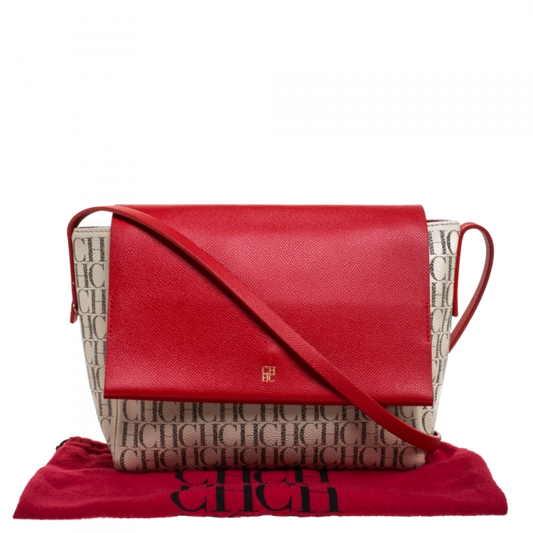 Pre Owned Carolina Herrera Beige/Red Monogram Coated Canvas Flap Crossbody Bag
