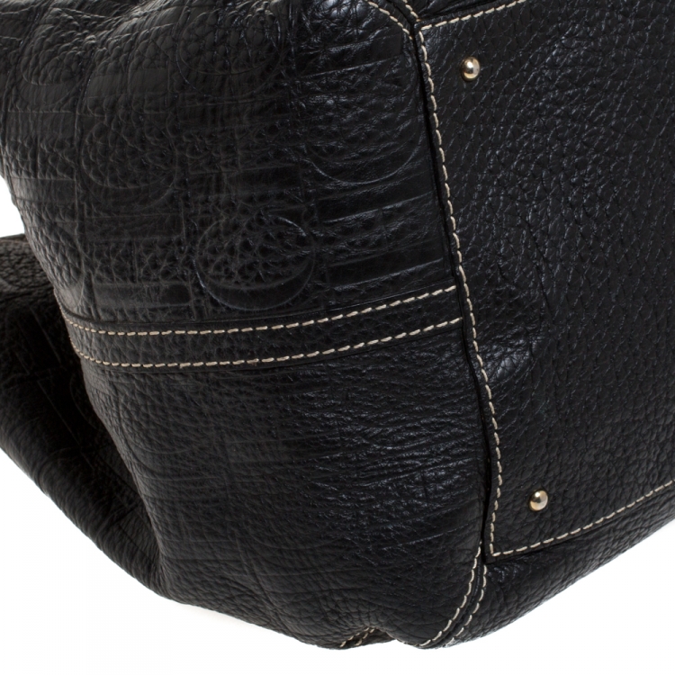 Pre Owned Carolina Herrera Black Monogram Leather Shoulder Bag