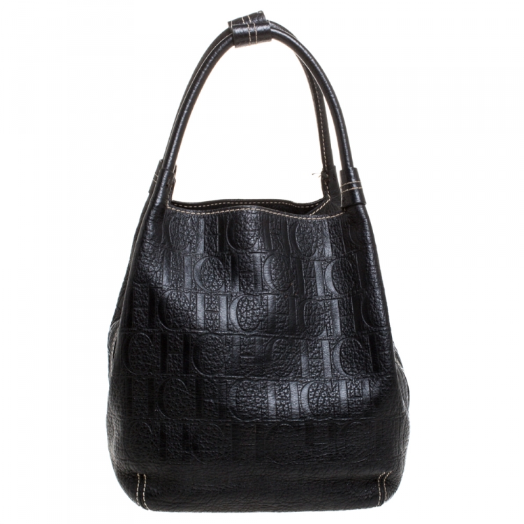 Pre Owned Carolina Herrera Black Monogram Leather Shoulder Bag