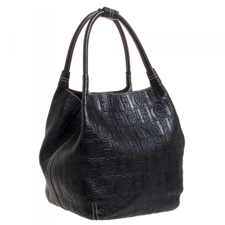 Pre Owned Carolina Herrera Black Monogram Leather Shoulder Bag