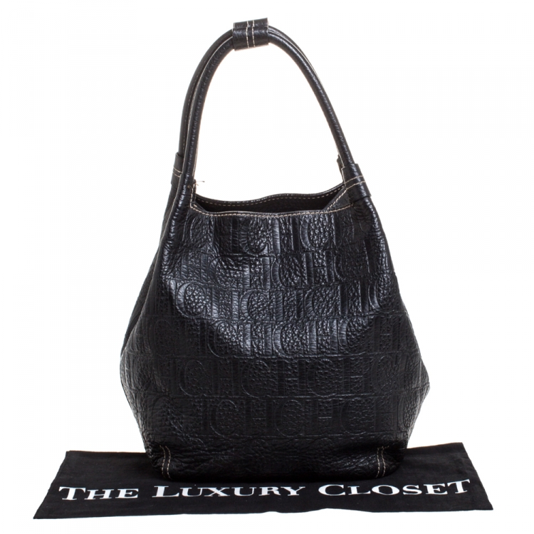 Pre Owned Carolina Herrera Black Monogram Leather Shoulder Bag