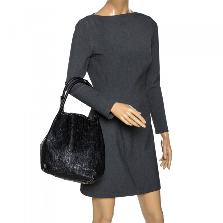 Pre Owned Carolina Herrera Black Monogram Leather Shoulder Bag