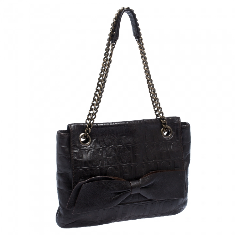 Pre Owned Carolina Herrera Brown Monogram Leather Audrey Shoulder Bag