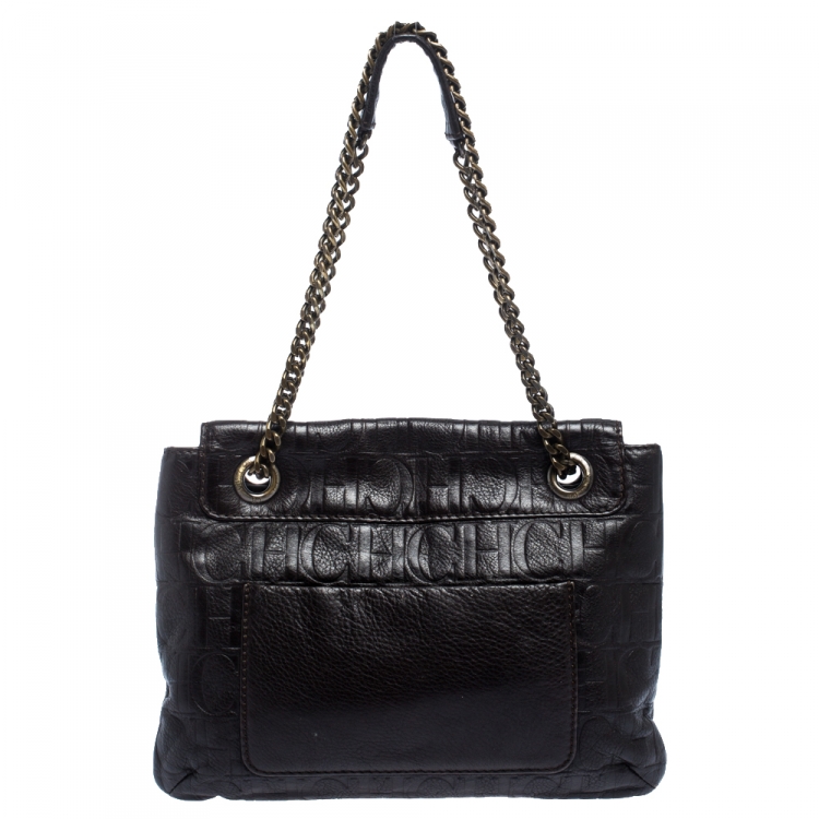 Pre Owned Carolina Herrera Brown Monogram Leather Audrey Shoulder Bag