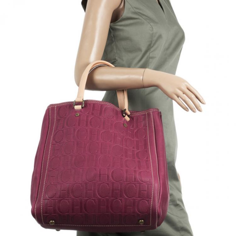 Pre Owned Carolina Herrera Leather Purple CH Monogram Tote