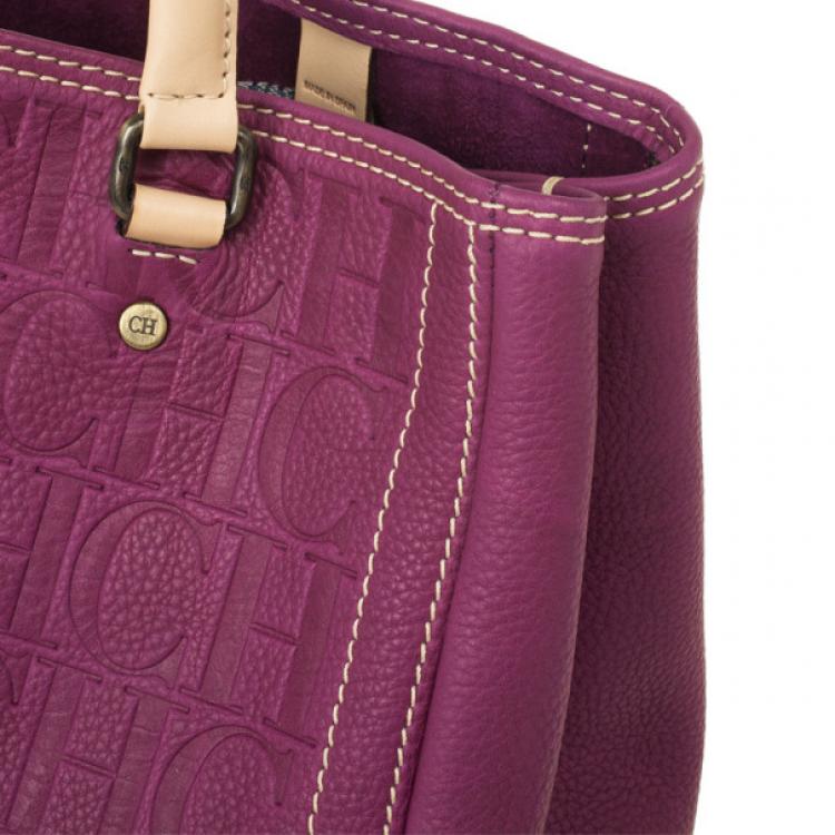 Pre Owned Carolina Herrera Leather Purple CH Monogram Tote