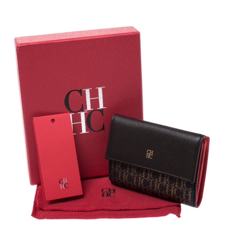 Pre Owned Carolina Herrera Brown Monogram Leather Tri Fold Compact Wallet
