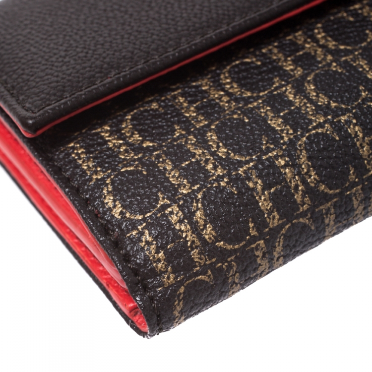 Pre Owned Carolina Herrera Brown Monogram Leather Tri Fold Compact Wallet