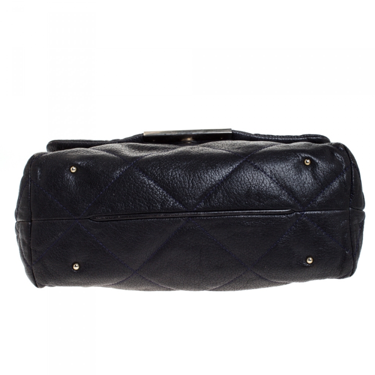 Pre Owned Carolina Herrera Navy Blue Leather Flap Shoulder Bag