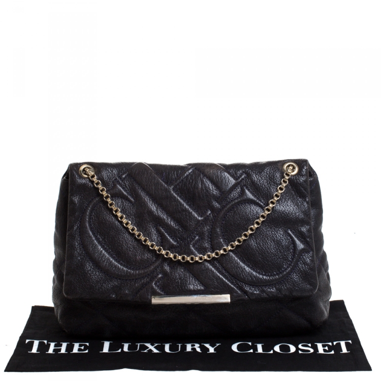 Pre Owned Carolina Herrera Navy Blue Leather Flap Shoulder Bag