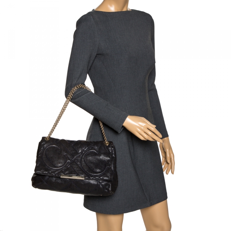 Pre Owned Carolina Herrera Navy Blue Leather Flap Shoulder Bag