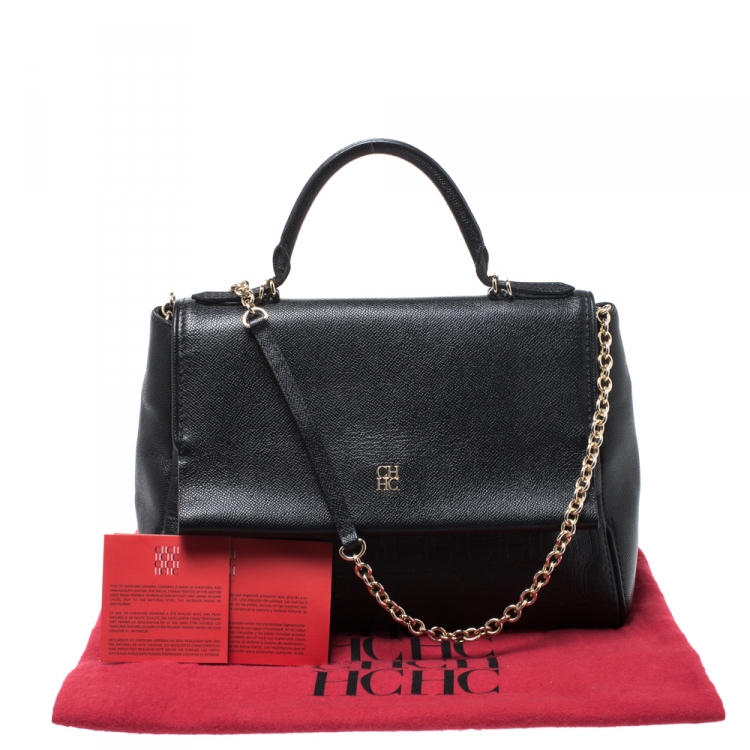 Pre Owned Carolina Herrera Black Leather Minueto Flap Bag