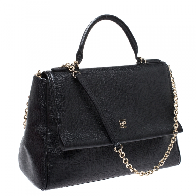 Pre Owned Carolina Herrera Black Leather Minueto Flap Bag