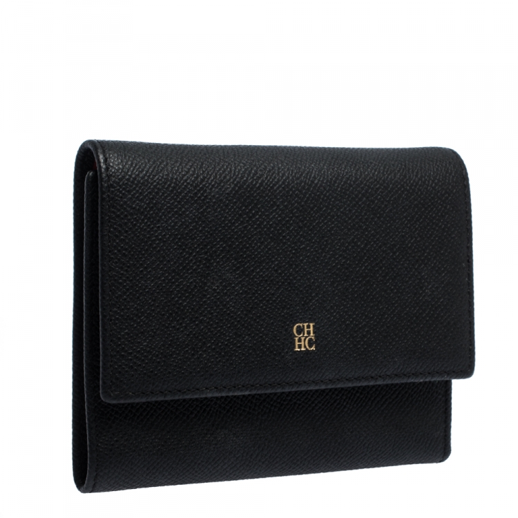 Pre Owned Carolina Herrera Black Leather Trifold  Wallet