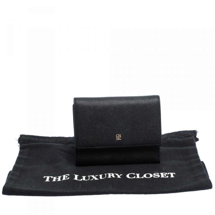 Pre Owned Carolina Herrera Black Leather Trifold  Wallet