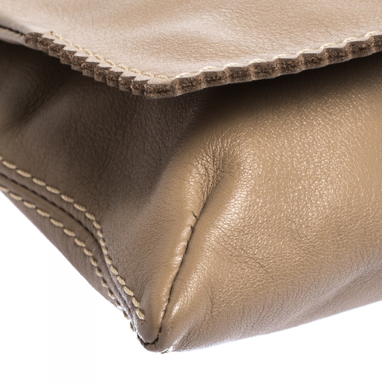 Pre Owned Carolina Herrera Beige Perforated Logo Leather Flap Tassel Shoulder Bag