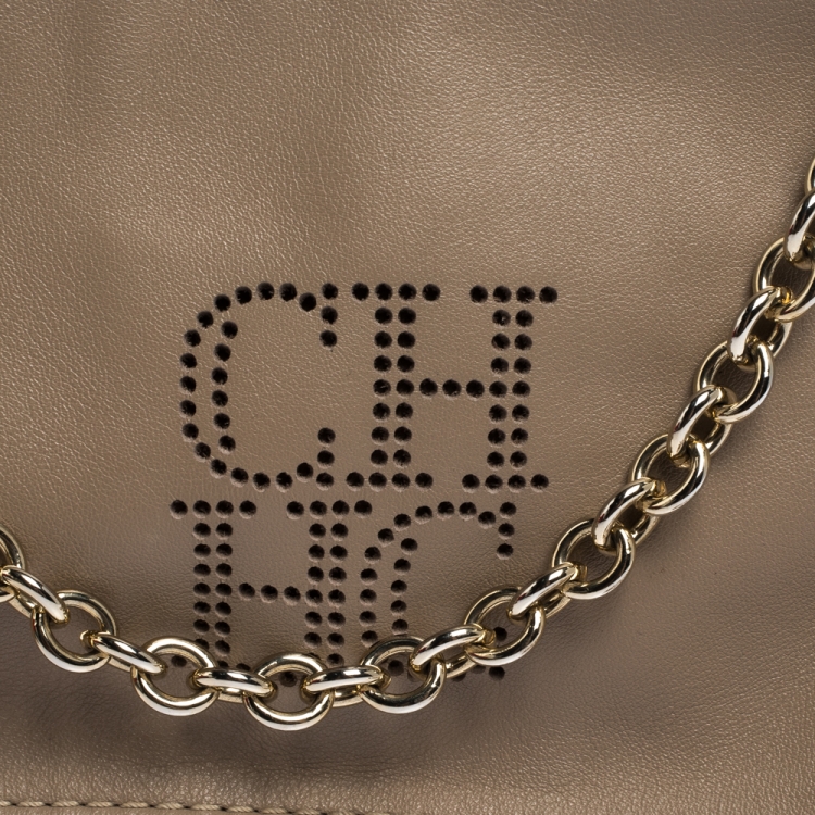 Pre Owned Carolina Herrera Beige Perforated Logo Leather Flap Tassel Shoulder Bag