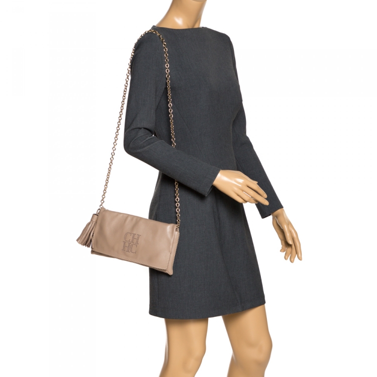 Pre Owned Carolina Herrera Beige Perforated Logo Leather Flap Tassel Shoulder Bag