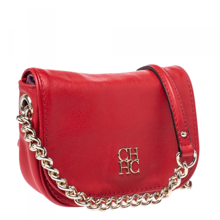 Pre Owned Carolina Herrera Red Leather Flap Crossbody Bag