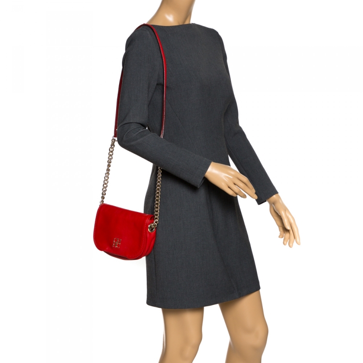 Pre Owned Carolina Herrera Red Leather Flap Crossbody Bag