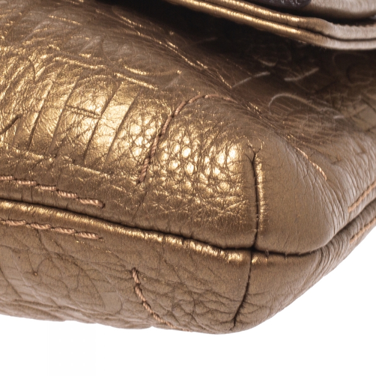 Pre Owned Carolina Herrera Gold Monogram Embossed Leather Bow Shoulder Bag