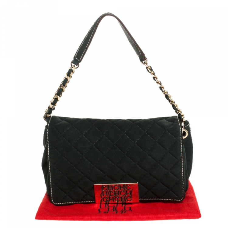 Pre Owned Carolina Herrera Deep Green Quilted Suede Shoulder Bag