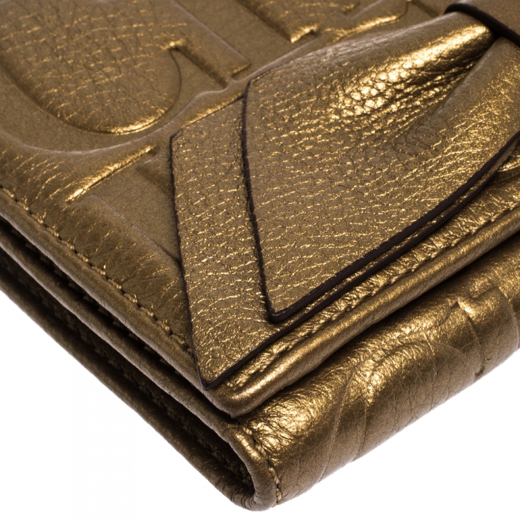 Pre Owned Carolina Herrera Metallic Gold Leather Gigi Trifold Wallet