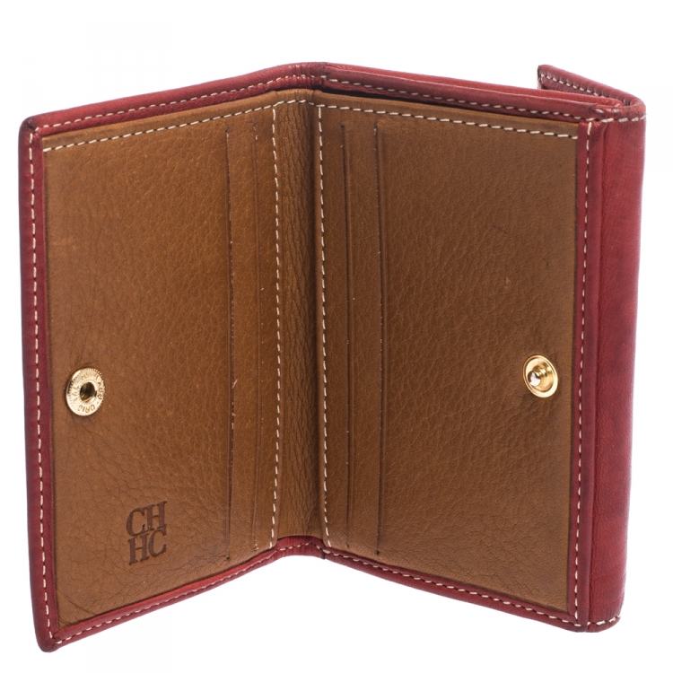 Pre Owned Carolina Herrera Red Monogram Leather Flap Compact Wallet