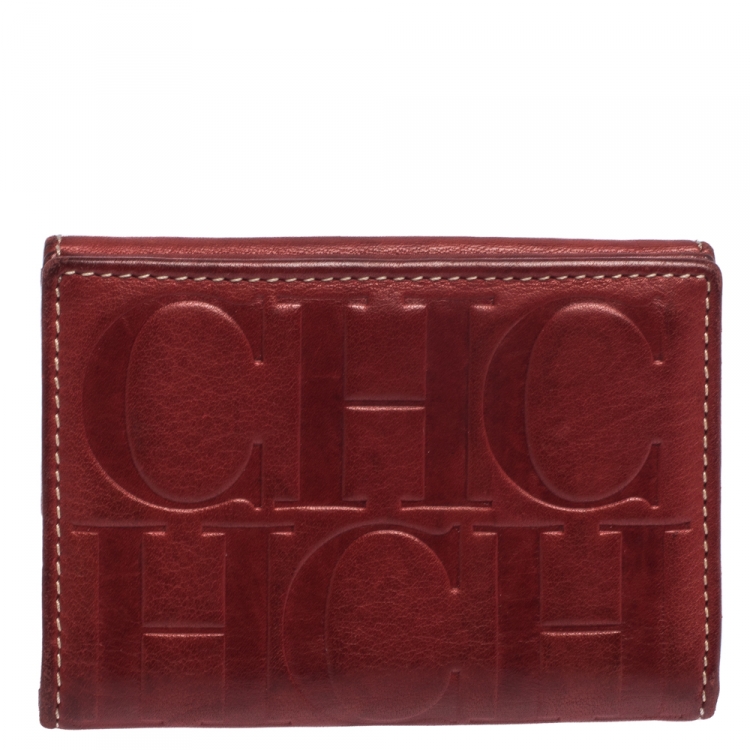 Pre Owned Carolina Herrera Red Monogram Leather Flap Compact Wallet