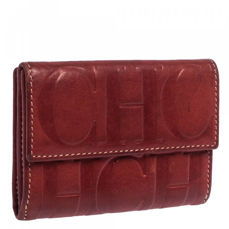 Pre Owned Carolina Herrera Red Monogram Leather Flap Compact Wallet