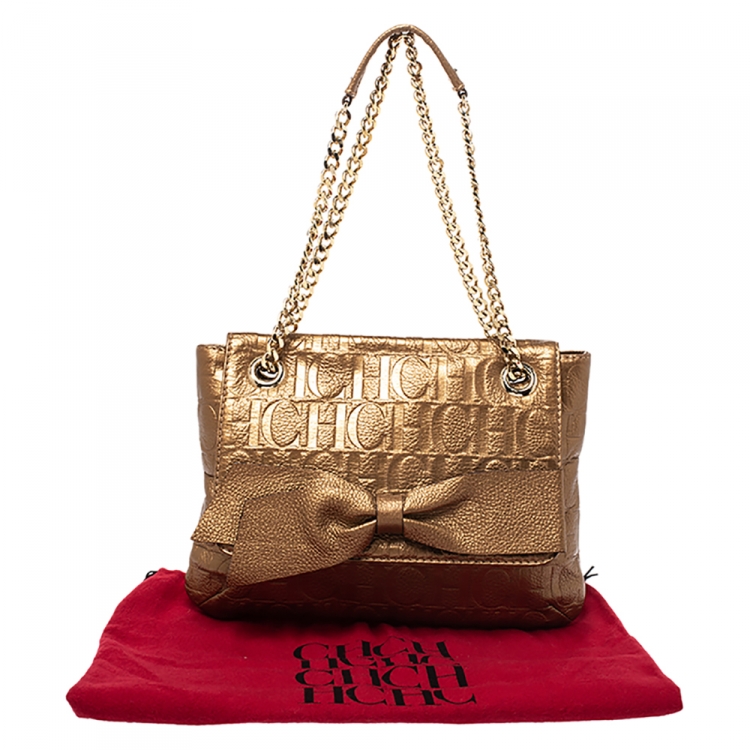 Pre Owned Carolina Herrera Metallic Gold Monogram Leather Audrey Shoulder Bag