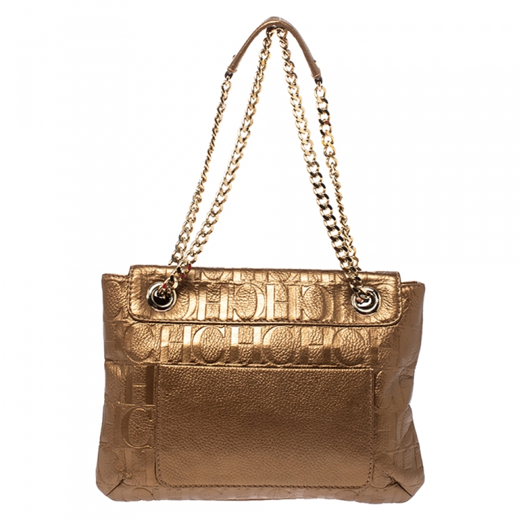 Pre Owned Carolina Herrera Metallic Gold Monogram Leather Audrey Shoulder Bag