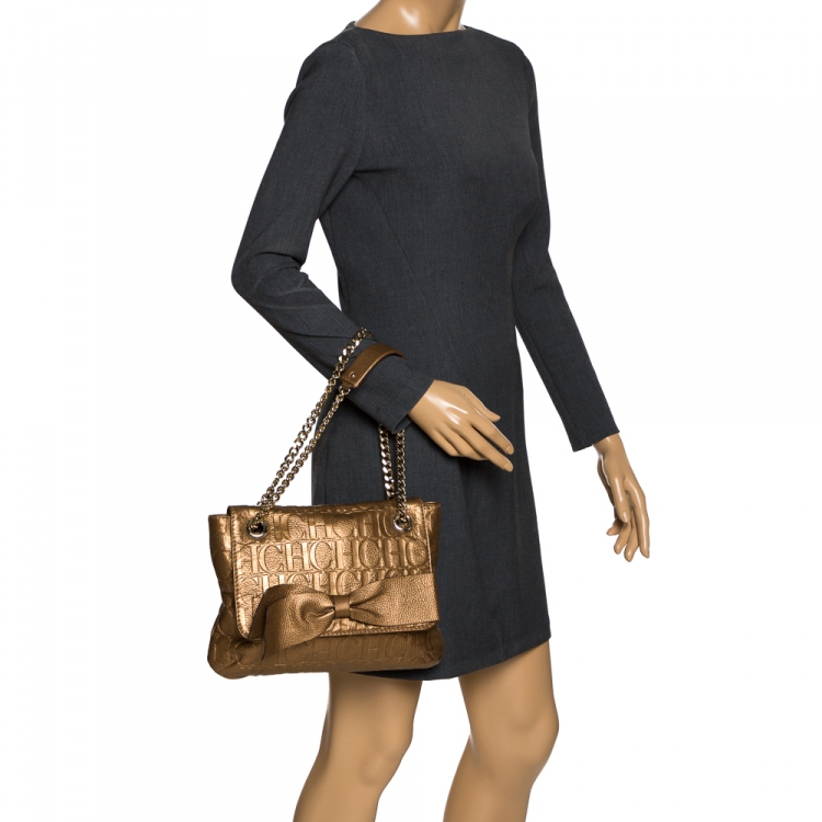 Pre Owned Carolina Herrera Metallic Gold Monogram Leather Audrey Shoulder Bag