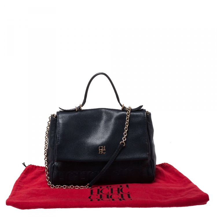 Pre Owned Carolina Herrera Navy Blue Leather Minueto Flap Bag