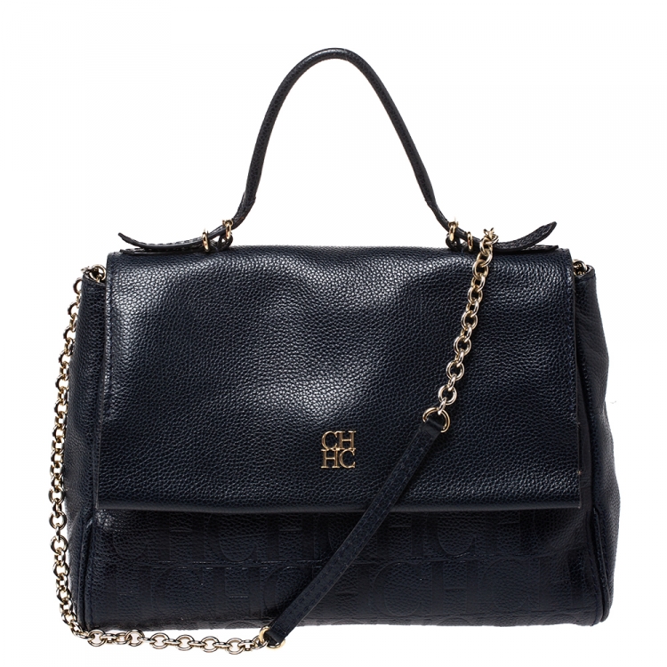 Pre Owned Carolina Herrera Navy Blue Leather Minueto Flap Bag